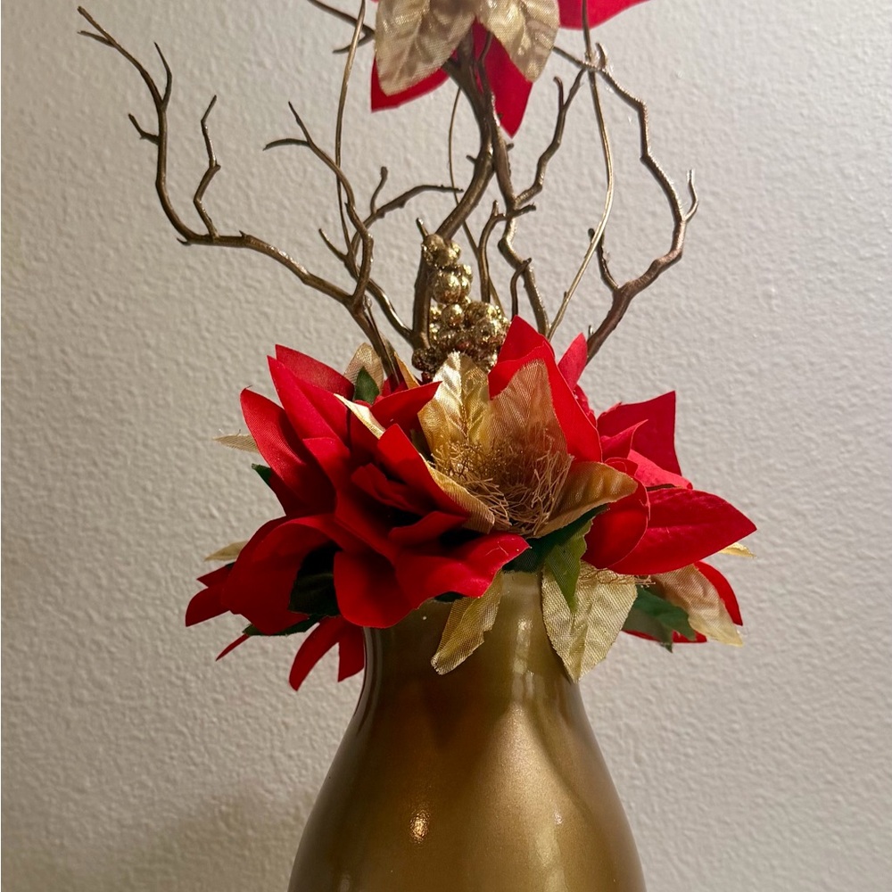 Gold Vase with Red and Gold Floral Arrangement